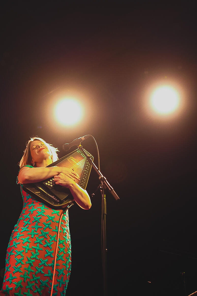 Beautiful woman playing harp on stage with lights. Band is "Basia"
